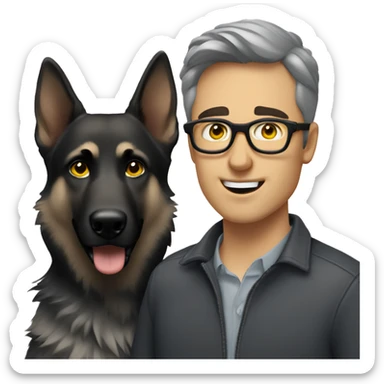 A guy with brown hair, gray eyes, and thin, stylish black glasses, accompanied by a gray German Shepherd (female) with yellow eyes. sticker