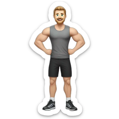 Full height realistic Actively gesturing with hands Pale skinned Fit Man With the biceps and brown hair in dark gray Sleeveless Mike, black oversize sports shorts, watch and white Sneakers sticker
