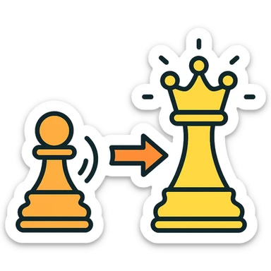 chess pawn transforming into a queen, dynamic motion, clear distinction between pawn and queen, visually striking, suitable for an icon sticker