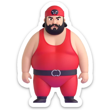 Close-up of morbidly obese white skin guy with young face, prominent BLACK DURAG tied clearly on head, distinct black beard and mustache, no muscle, black eyes in a red and black wrestling singlet with angry face sticker
