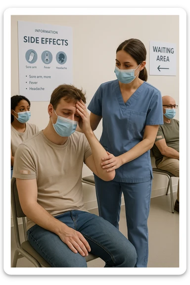 a group of people in a waiting area after vaccination, with one person looking slightly uncomfortable or dizzy. A nurse is nearby, ready to assist, and informational materials about possible side effects are visible on the wall. The mood is calm and responsible, emphasizing monitoring and care. in italiano sticker