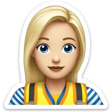 Ikea coworker blue eyes blond woman blue stripes t-shirt and yellow security vest sticker