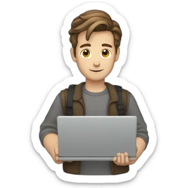 White male brown hair Python Dev holding Laptop sticker