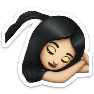 white girl with straight black hair laying down on a pillow sticker