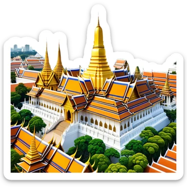 Cinematic Realistic Grand Palace Bangkok Landmark Emoji, showcasing the opulent golden spires, intricate Thai architecture, and the Emerald Buddha Temple set within a vibrant, manicured courtyard. sticker