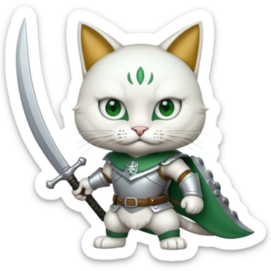 un gato blanco con armadura y llevando dos espadas sticker