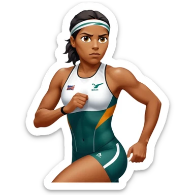 Cinematic Realistic portrait of Cathy Freeman, shown as an iconic Australian athlete with a focused, determined expression and modern athletic attire accented with subtle native motifs, rendered in dynamic, vibrant lighting sticker