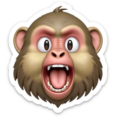 Cinematic Realistic Cute Yawning Baboon Portrait Emoji, Head tilted slightly with a dramatic, wide-open yawn, showcasing a soft, textured face with gently drooping features and half-closed, drowsy eyes, rendered with lifelike natural detail and warm shadows, high shine, relaxed yet expressive, styled with a dash of wild charm, soft glowing outline, capturing the essence of a sleepy yet affectionate baboon that appears ready to stretch out for a hearty nap! sticker