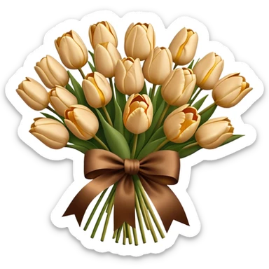 A big bouquet of beige colored tulips tied with a brown and gold silk bow  sticker