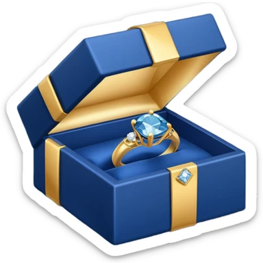 A dark blue gift box for jewelry containing a gold ring with a diamond sticker