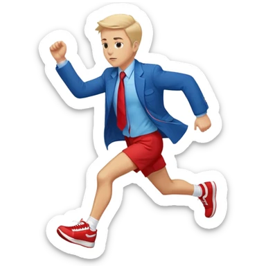 a running white man wearing a blue jacket, shorts, red sneakers, and a flowing red tie sticker