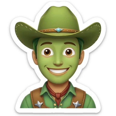 A green cowboy, smiling face with a cowboy hat and green skin sticker