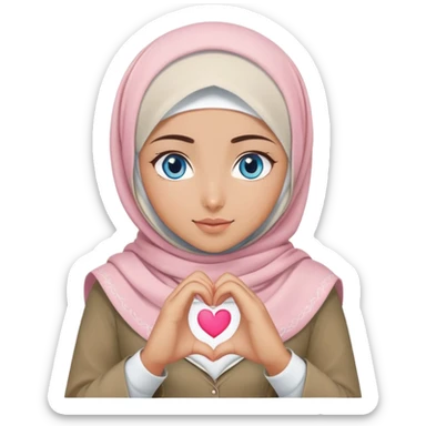 Turkish beautiful finish Konya girl blue eyes with khaki and light pink hijab islamic dress and making heart with hands sticker