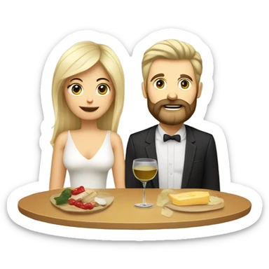 Repas raclette et vin blanc en couple, femme blonde cheveux aux épaules homme petite barbe et moustache cheveux bruns grisonnant  sticker
