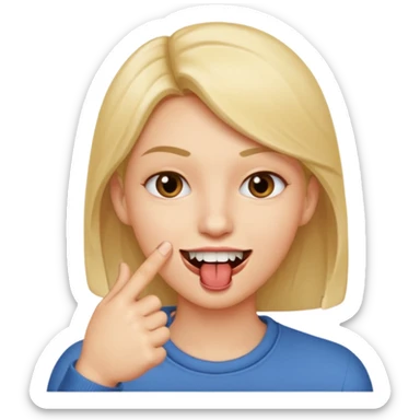 Con una sonrisa en la cara mientras muerde la punta del dedo indice en la boca son sus dientes sticker