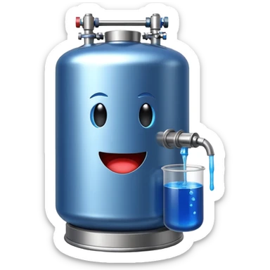 100 liter stainless steel biofermentor filled with blue liquid inside, emoji style sticker