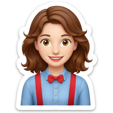 Woman with wavy brown hair and hazel eyes wearing red trouser suspenders  sticker