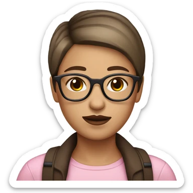 Girl with glasses with brown very short straight hair white skin brown eyes glasses pink lips mole on chin sticker