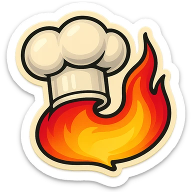 chef's hat pumping with a trail of fire emoji, playful, flame red gradient, hat is white, vibrant, flame matching style reference file sticker