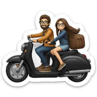 long haired boy with beard and spectacles and girl on back riding on black scooter sticker