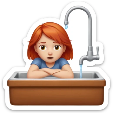 apple style emoji of a red-haired girl at a sink, unable to get water, looking exhausted and thirsty sticker