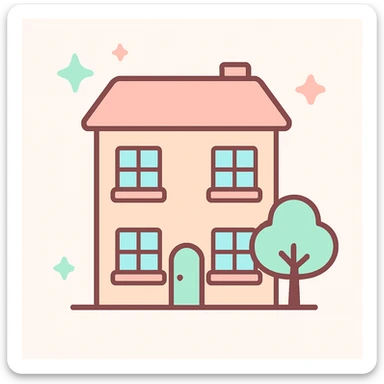 Remove the eyes from the building, keep the kawaii chibi anime style with flat pastel colors, thick outlines, and simple cute features. sticker