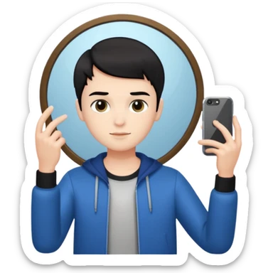 generate a pretty bratz fair skinned boy with short black hair taking a mirror selfie sticker