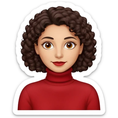30 yr iranian woman dark brown hair curly wavy short hair, red turtle neck sweater, very thick eyebrows, light skin, dark brown eyes, small smile sticker