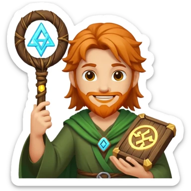 druid character satisfied smile holding glowing rune sticker