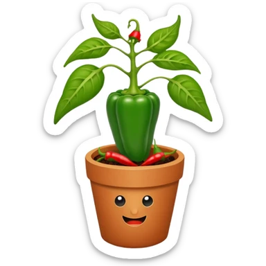 Potted green pepper plant with small chili peppers growing on it sticker