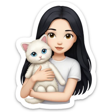 A beautiful girl with long black hair wearing a white short-sleeved shirt hugs a ragol sticker