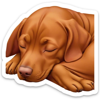 Meme-Worthy Cute Sleeping Vizsla Portrait Emoji, Head resting peacefully with a contented smile, showcasing a sleek, athletic build and a luxuriously soft rust and gold Fur, eyes shut in a serene nap, Simplified yet hilariously adorable features, highly detailed, glowing with a soft, drowsy light, high shine, relaxed and utterly lovable, stylized with an air of playful laziness, bright and heartwarming, soft glowing outline, capturing the essence of a comically sleepy companion, so meme-worthy it feels like it could instantly become the next viral sensation of adorable slumber! sticker
