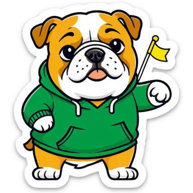 A bulldog wearing a green sweatshirt holding a little green flag sticker