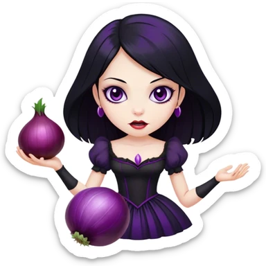 The vampire in black dress, black hair, brown eyes, holding a big violet onion  sticker