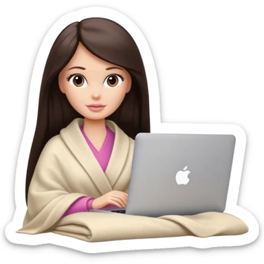 Barbie girl with a long straight dark brown hair inside a pale beige blanket working macbook  sticker