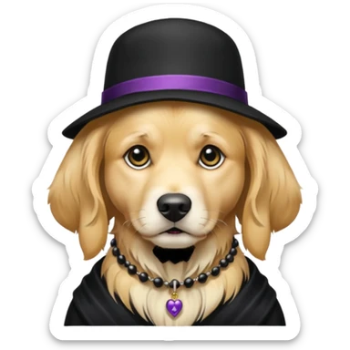 golden retriever dog wearing goth accessories, somber expression sticker