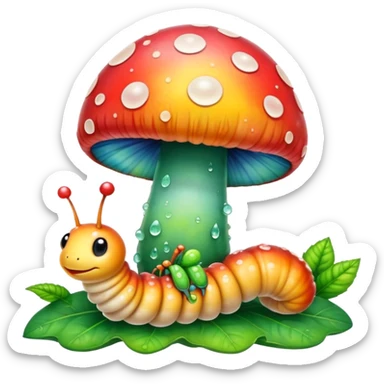 Tie dye mushroom with dew and a cute caterpillar  sticker