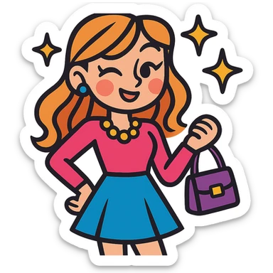 girly girl in a stylish outfit winking, holding a purse, with stars, vibrant toon style sticker