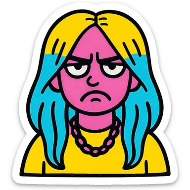 Billie Eilish, scowling, signature hair, modern illustration, bold colors, pop art style sticker