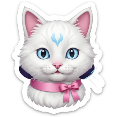 Head of a white cat, smiling, with a loose ribbon on top of its head
 sticker