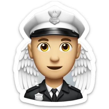 A White Police man bald with cap with Big ANGEL WINGS sticker