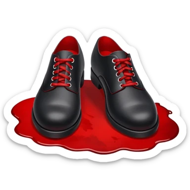 Minimalist emoji-style sticker of two black shoes standing on a red carpet that fades into a bloodstain. Flat, frontal design, simple icon composition. sticker