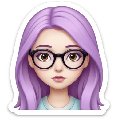  long pastel purple hair, pale skin, brown eyes, glasses, pretty bratz baddie, black eyeliner, blush sticker