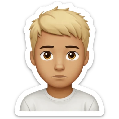 caramel skin color. Teen age. Short buzz, messy blonde hair, dark brown bushy eyebrows large expressive golden-brown eyes, brown skin color, scar over nose, wearing a plain white t-shirt. 20 year old male. thinking facial expression. caramel skin color.  sticker