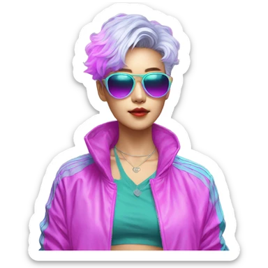 a short-haired Taiwanese lesbian with vaporwave style, sunglasses with vaporwave image on it. sticker