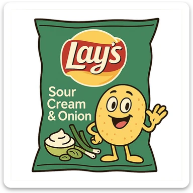 cartoon style Lay's Sour Cream and Onion, smiling chip mascot, green bag, playful and fun sticker