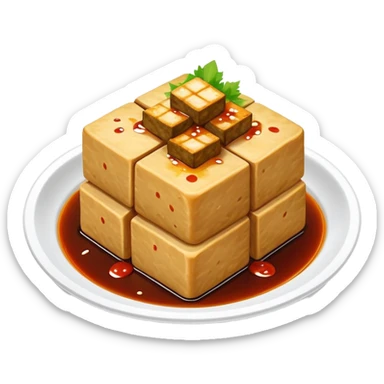 Changsha stinky tofu with dark appearance and sauce, simplified emoji style with bold outlines and bright colors, cartoon style Hunan specialty street food sticker