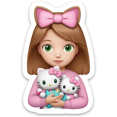 Girl with natural green eyes and light brown hair and she have a hello kitty doll with her hand sticker