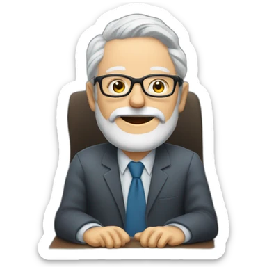 old man with grey hair and beard and glasses sitting at a desktop with 3 monitors sticker
