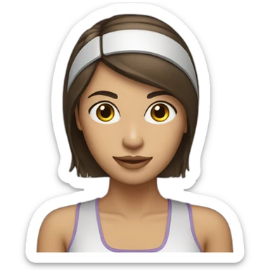 middle length straight hair brunette woman with headband and computer sticker